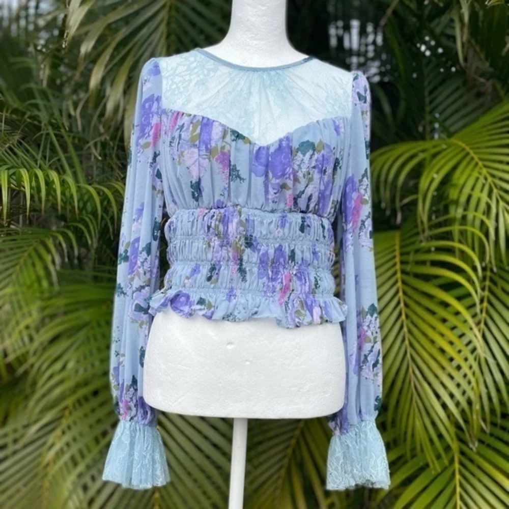 Free People Blue Daphne Sheer Paneled Blouse Size Small